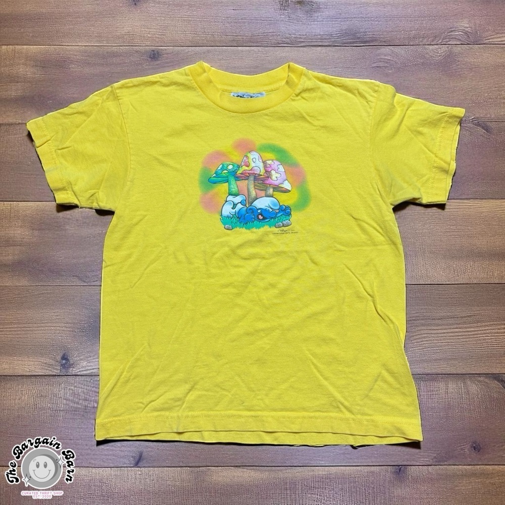 Vintage Y2K Passing4Sane Peyo Smurfs Mushroom Graphic Youth Tee Made in USA (Lg)